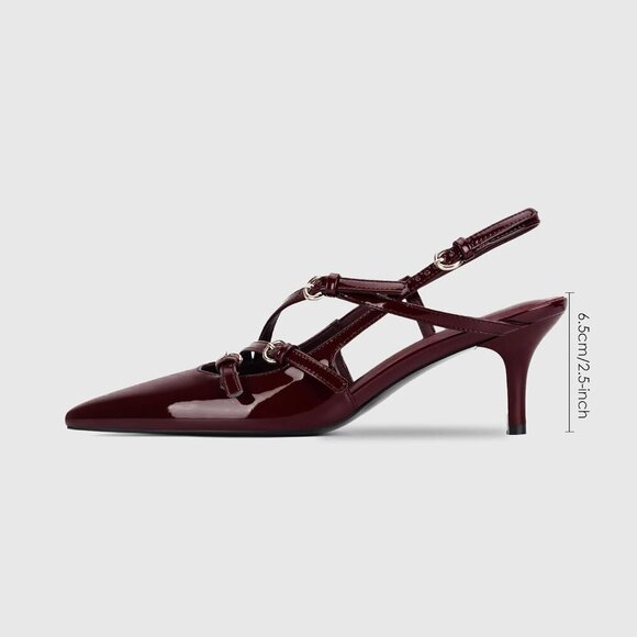 🆕Sling back Kitten Heel Women Burgundy Synthetic Pointed Toe Buckle Strap Pumps - Picture 3 of 7